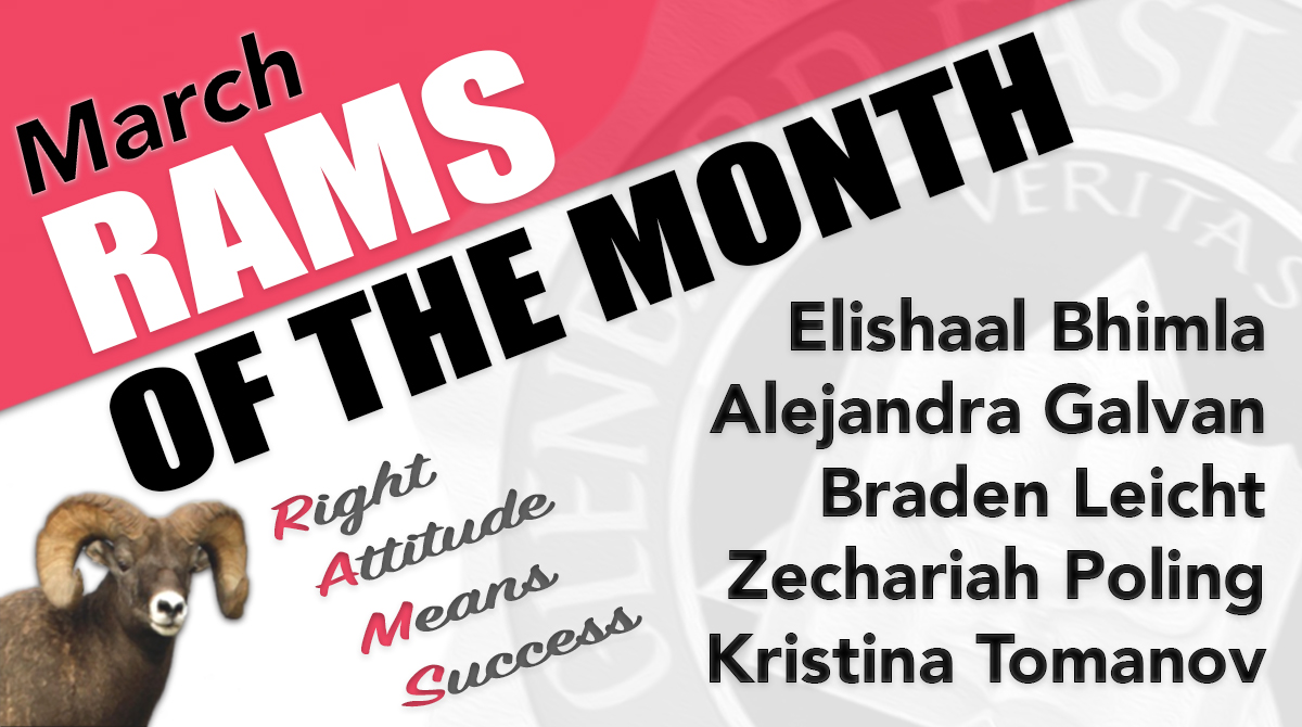 GE_Rams's tweet photo. Congratulations to March 2022 Ram of the Month honorees Elishaal Bhimla, Alejandra Galvan, Braden Leicht, Zechariah Poling, and Kristina Tomanov!  For photos and more about our current and previous honorees, visit https://t.co/NrgVH0RlUK.  #WeAreEAST 🐏 https://t.co/kwzAUKQ061