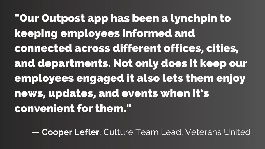 APPriseMobile's tweet photo. Congratulations @veteransunited on being named #14 on Fortune's 100 Best Companies to Work for list! π
We are so honored to work with you and support your employee app, Outpost. Keep up the amazing work! #VURocks https://t.co/6ZkZ4aCz9s