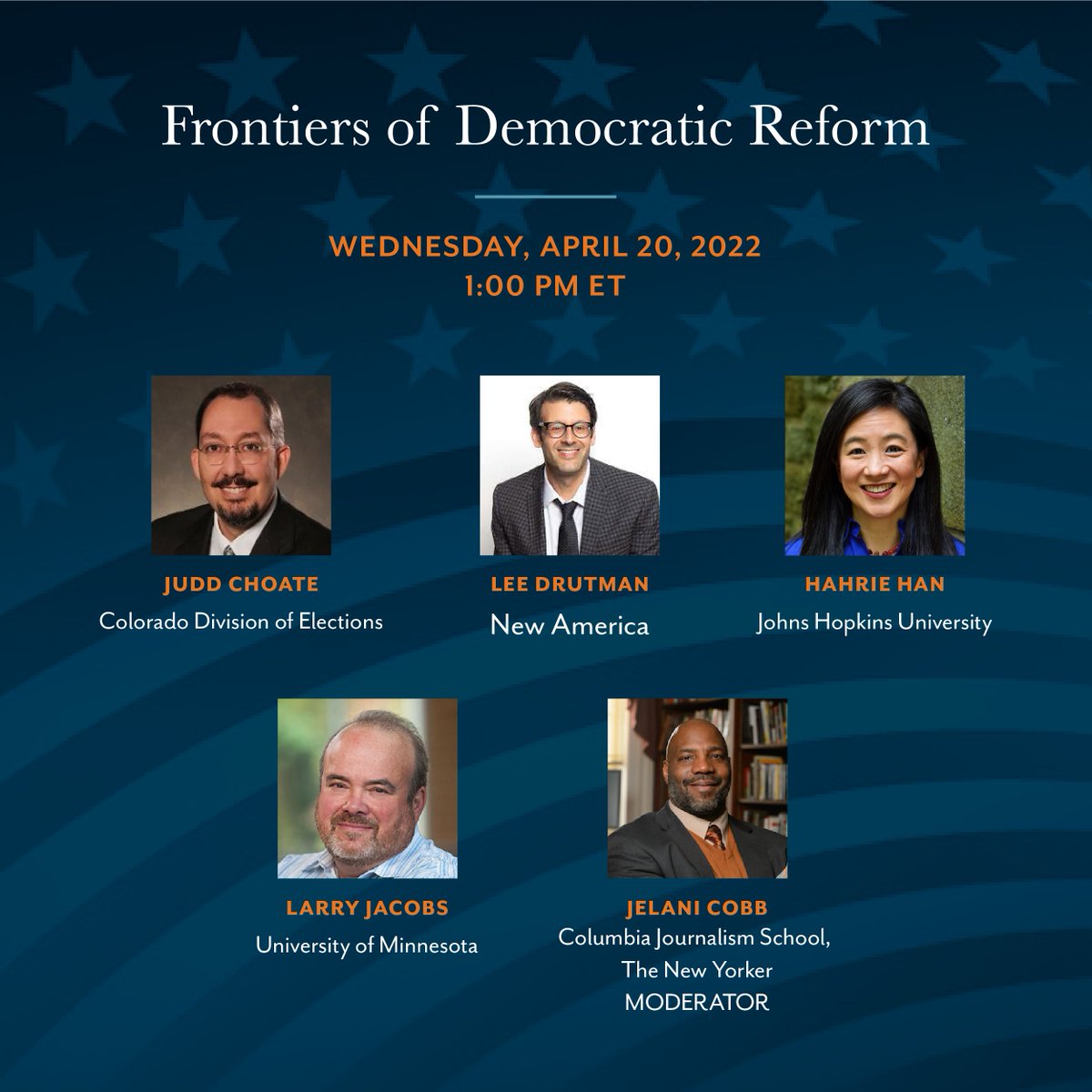 How to strengthen democracy? Join us tomorrow, 4/20, pm ET for ideas from folks who have thought long and hard about it: @larryrjacobs @leedrutman @hahriehan @jelani9 Register here: americandemocracycollaborative.org