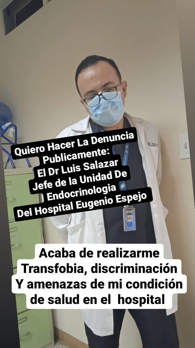 En este momento una compañera #Trans denuncia trato discriminatorio en el área de endocrinólogia de <a href="/heugenioespejo/">Hospital de Especialidades Eugenio Espejo 🇪🇨</a> el funcionario le amenazóba la chica con denunciarle por su situación de movilidad 
#Urgente <a href="/forosaludec/">⚕️ FORO SALUD PÚBLICA 🇪🇨</a> <a href="/DialogoDiverso/">Diálogo Diverso</a> <a href="/NuaEliz/">Nua Elizabeth Fuentes Aguirre</a> <a href="/DerechosQuito/">Consejo de Protección de Derechos del DMQ</a> <a href="/sybelmartinez/">Sybel Martinez</a>