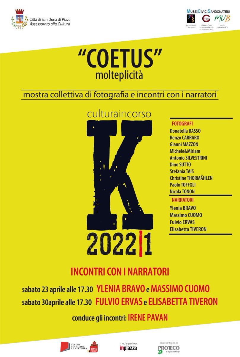 La discussione letteraria trova spazio all'interno di una mostra fotografica collettiva, incentrata sul tema della “Molteplicità”. Sabato alle 17.30 sarò ospite presso lo Spazio Mostre Battistella, nel Giardino Agorà a San Donà di Piave, accanto a Ylenia Bravo e Irene Pavan.