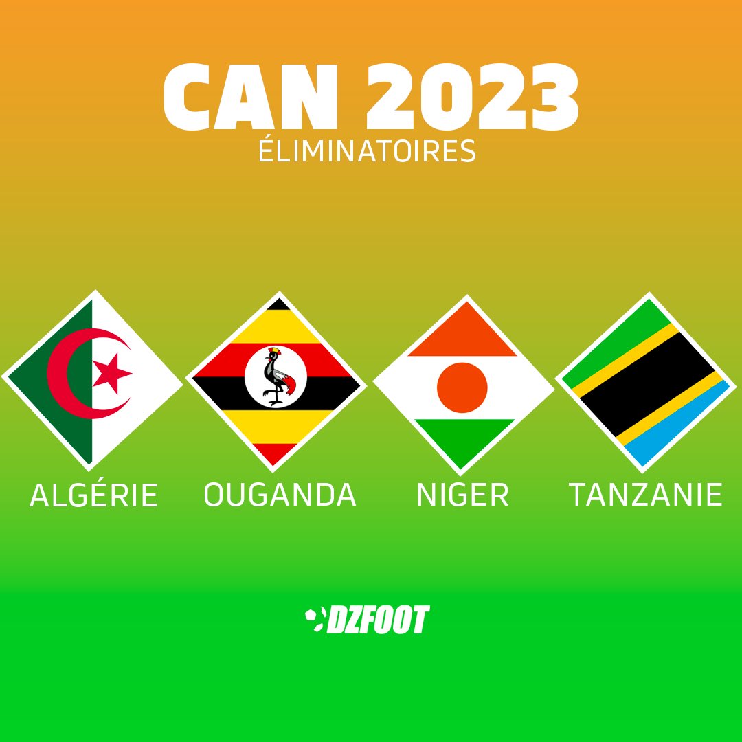 DZfoot's tweet photo. 🇩🇿 L’Algérie est dans le Groupe F pour les éliminatoires de la Coupe d’Afrique des nations prévue en juin 2023 avec l’Ouganda 🇺🇬, le Niger 🇳🇪 et la Tanzanie 🇹🇿 ! 

Vos impressions ? #TeamDZ https://t.co/F2Y17ctbqM