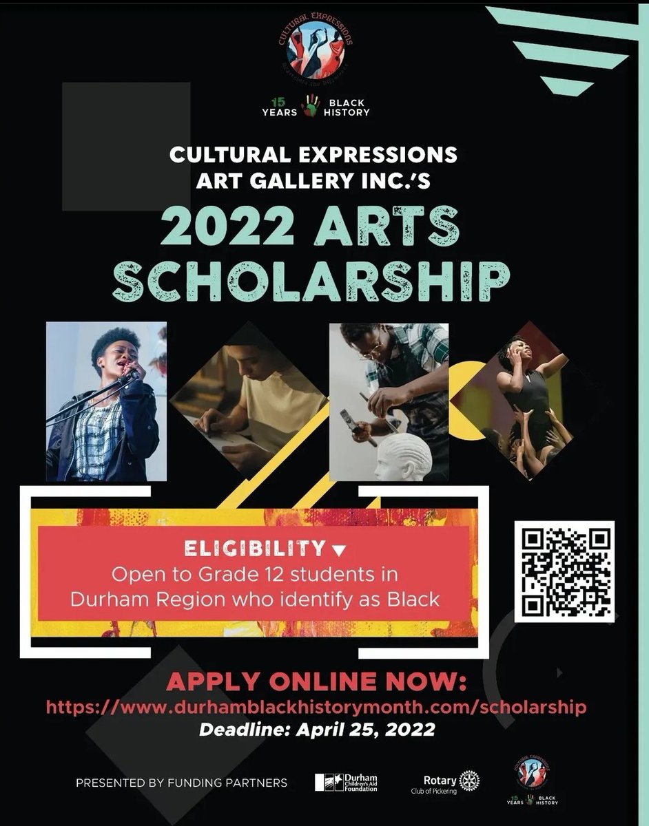 RotaryPickering's tweet image. The 2022 Cultural expression Art Gallery #ArtScholarship is back! 

This scholarship is open to all grade 12 students in #DurhamRegion that identify as black, who are studying the arts in a Canadian College, or university. 

Application deadline is April 25th!