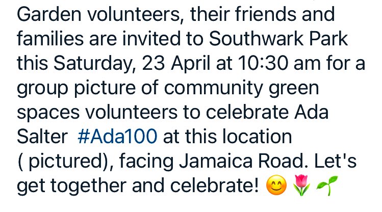 Dear park users! 😊 you all invited this Saturday at 10:30am meeting at the Christchurch Gate Entrance Southwark Park, Jamaica Road, by the old Scout House, to Look at the lovey Tulips 💐 🌷🌷and celebrate #Ada100 Ada Salter @BermondseyGreen @BermondseyTrees @cllrhumaira 🌳🌳🌷🌷