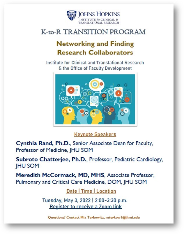 Johns Hopkins SOM Faculty Development (@jhufacdev) on Twitter photo 👥Networking and Finding Research Collaborators
⏲️5.3.22, 2-3:30pm
✔️You will learn how to network & practice your new skills by networking with other attendees.
❓Please register & send your questions in advance: Bit.ly/3Esu3sV
<a href="/ictrjhu/">Johns Hopkins ICTR</a>
(Open to JH & ICTR affiliates) 👥Networking and Finding Research Collaborators
⏲️5.3.22, 2-3:30pm
✔️You will learn how to network & practice your new skills by networking with other attendees.
❓Please register & send your questions in advance: Bit.ly/3Esu3sV
<a href="/ictrjhu/">Johns Hopkins ICTR</a>
(Open to JH & ICTR affiliates)