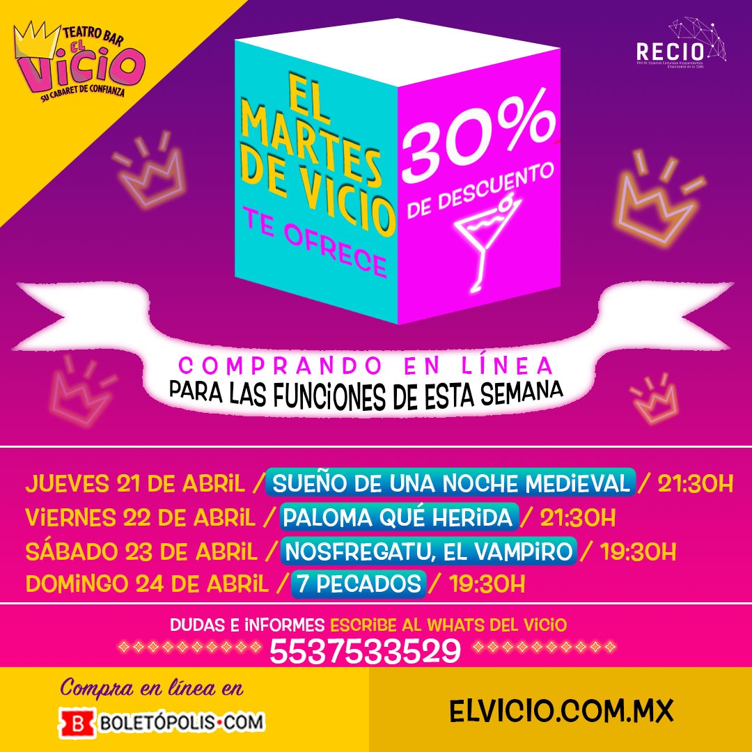elvicioteatro's tweet photo. ¿Sabías que hacer planes anticipados aumenta la felicidad? Compra en línea hoy #MartesDeVicio 🥂 tus boletos para cualquiera de nuestras funciones y aprovecha el 30% de descuento en tu entrada general ✨ Visita @boletopolis 🎟 Sigue la liga👇
https://t.co/csfEL9bLQm https://t.co/fqr3SV2ktC