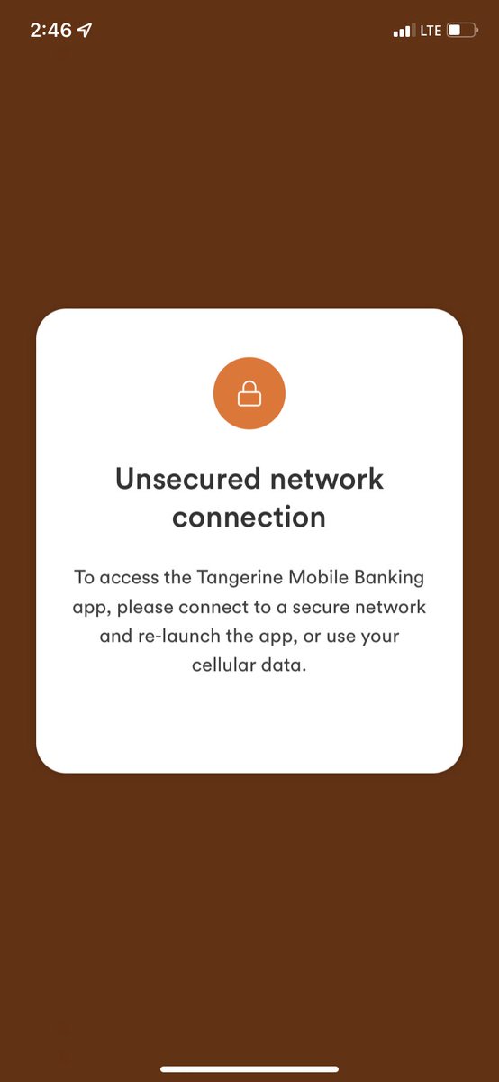 Rob1st's tweet photo. @TangerineBank Why is this message popping up?  As you can see, I am on cellular data. So why can’t I connect? https://t.co/iIDP65Ys1U