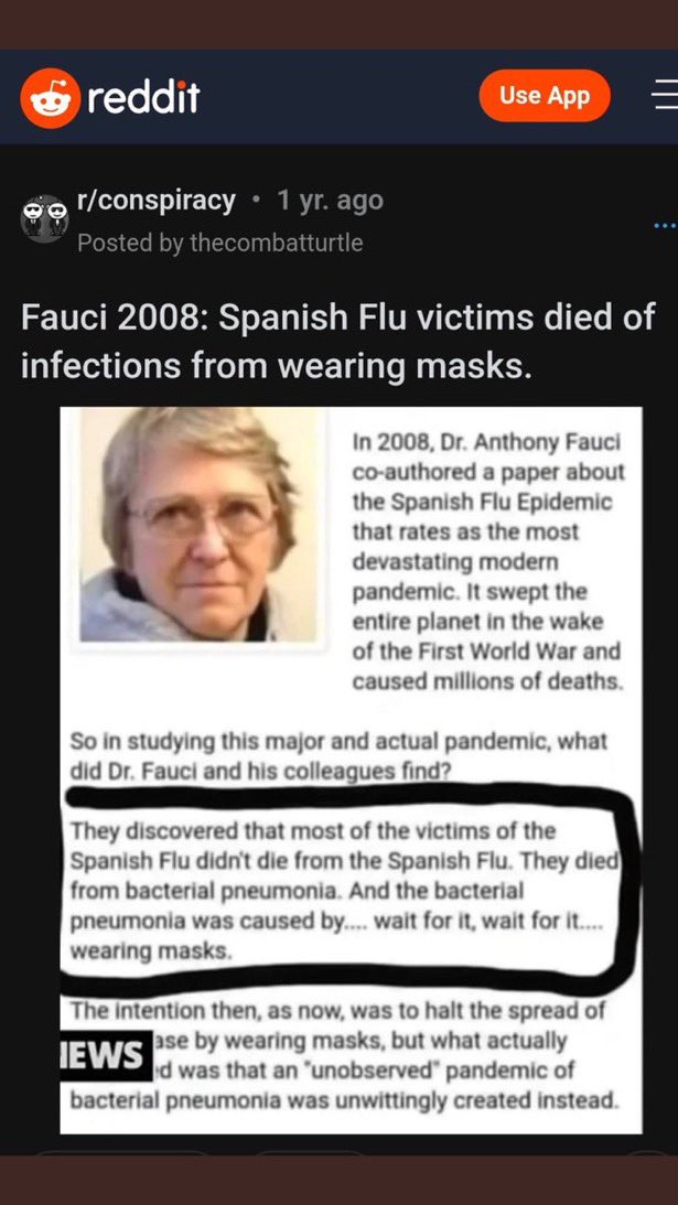 NatalieSuB's tweet photo. @ValerieJarrett “Scientist” Fauci concluded that most victims who died in Spanish Flu pandemic died from bacterial pneumonia caused by…..mask wearing 😏 https://t.co/ddiih1ofsD