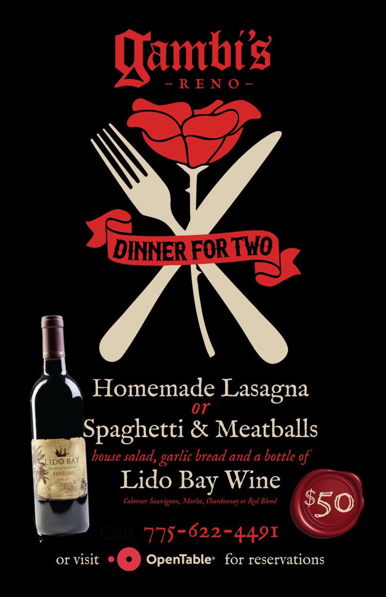 GambisReno's tweet photo. Enjoy your evening with dinner for two. Your choice of homemade lasagna or spaghetti & meatballs, house salad, garlic bread and a bottle of Lido Bay Wine - $50 🏴☠️
#gambisreno #dinnerfortwo #somersett #renodining #foodie #foodstagram #finedining #italianfood https://t.co/ADuMK1q90f