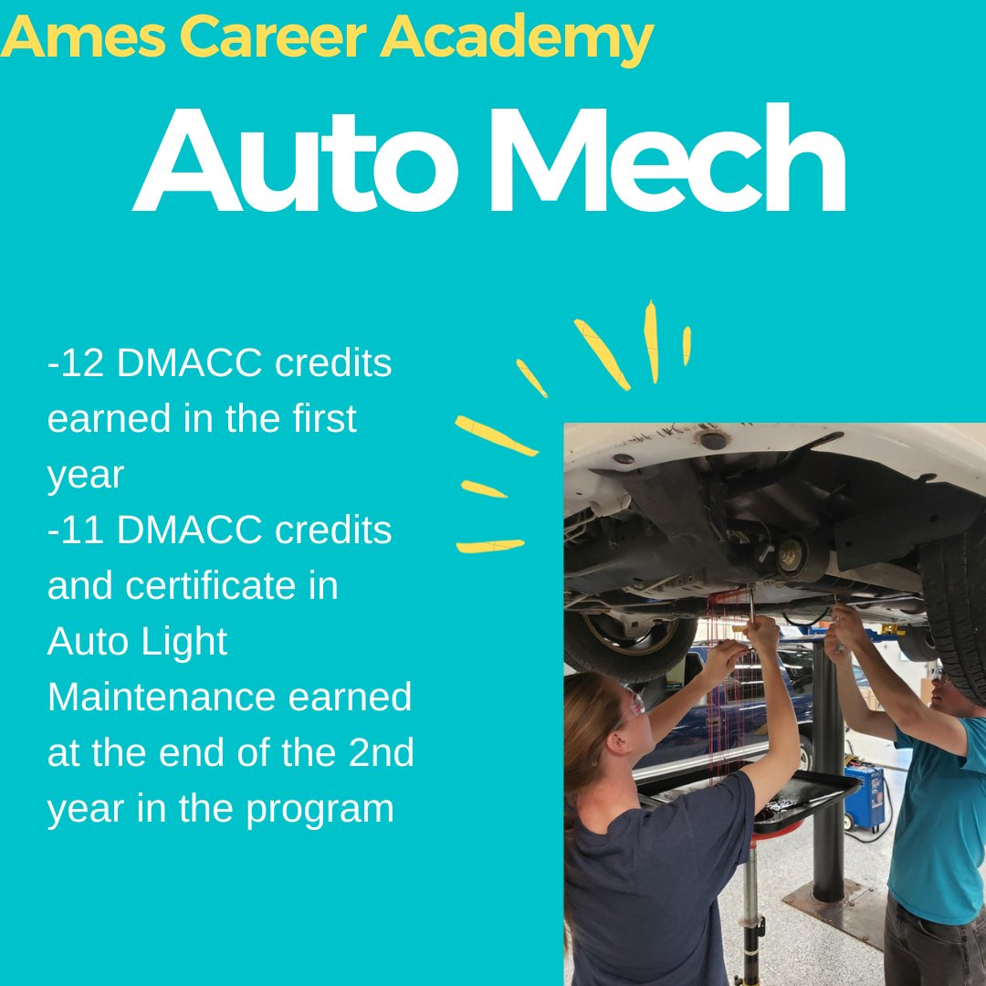 In the auto mechanic program at the Ames Career Academy, gain experience with shop tools, automotive engines, brakes, suspension, and alignment! You can earn lots of DMACC credit and get a certificate in Auto Light Maintenance. For more info visit dmacc.edu/careeradvantage