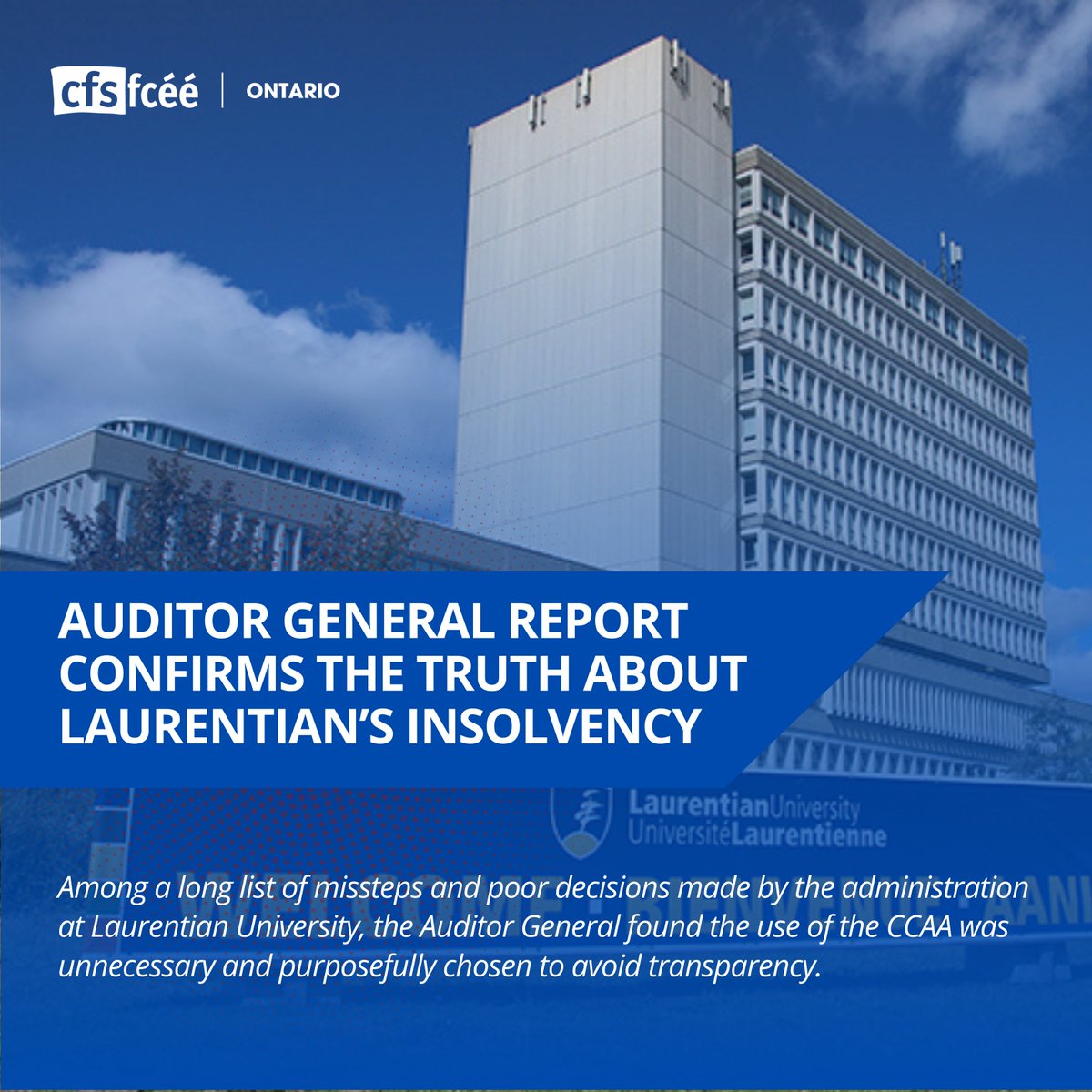 CFSON's tweet photo. "Among a long list of missteps and poor decisions made by the administration at #LaurentianUniversity, the @OntarioAuditor found the use of the CCAA was unnecessary and purposefully chosen to avoid transparency.", read our full statement here: https://t.co/lnmrSh3e4Y
#FundLU https://t.co/j0FtkbeZoK