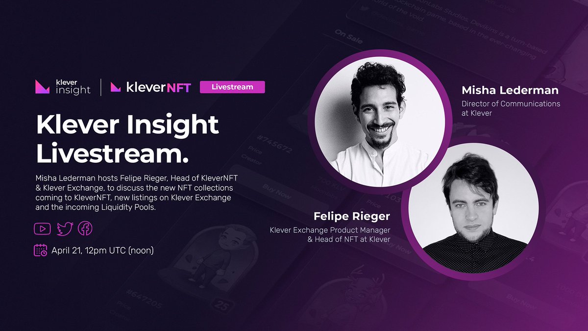 klever_io's tweet photo. #Klever Live: @mishalederman hosts @feliperieger, Head of Klever Exchange &amp; NFTs 

@klever_io explores new NFT collections, new listings on Klever Exchange &amp; the incoming Liquidity Pools.

#IGG #PRIMO #VRA #KUMA 👀

🗓️ Apr 21, 2022
⏲ 12PM, UTC (noon)
🔗 https://t.co/rSWBs3s4UX https://t.co/BEfFqupI3N