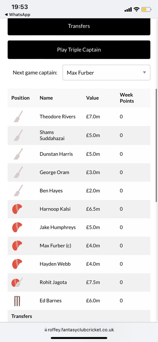 RCCBadger's tweet photo. Here is my @RoffeyCC fantasy team for the first game week!

Some serious talent in the team, especially looking forward to seeing Jake Humphreys take the 3s to another promotion🤌🏻

#FurbersTrickyBoars 

Sign up to the league here - https://t.co/pil9vzzZvV https://t.co/UVx8SiQIxL