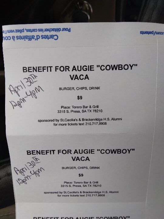 ErnestMoya4's tweet photo. My uncle Augustine Tito Vaca who is a tremendous family man and great community member of Highland Park house burned down not long ago. I wanted to post these tickets for his Burger Plate Sale on his birthday! Please come out and support! 🍔 🎟 https://t.co/Mddb4lrDey