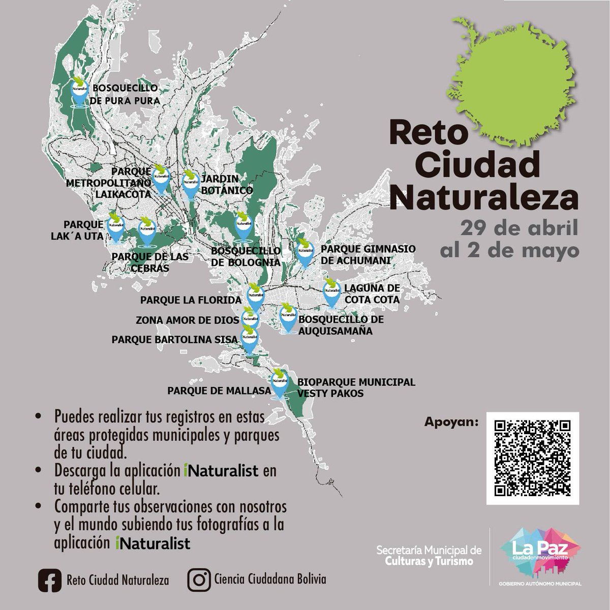 ¡Participa en el Reto Ciudad Naturaleza!
A través de sencillos pasos, podrás ser parte de este desafío que busca catalogar la mayor cantidad de especies en el municipio de #LaPaz, a través de la aplicación "Naturalist". 
#CulturasSomosTodos
#SecretaríaMunicipalDeCulturasYTurismo