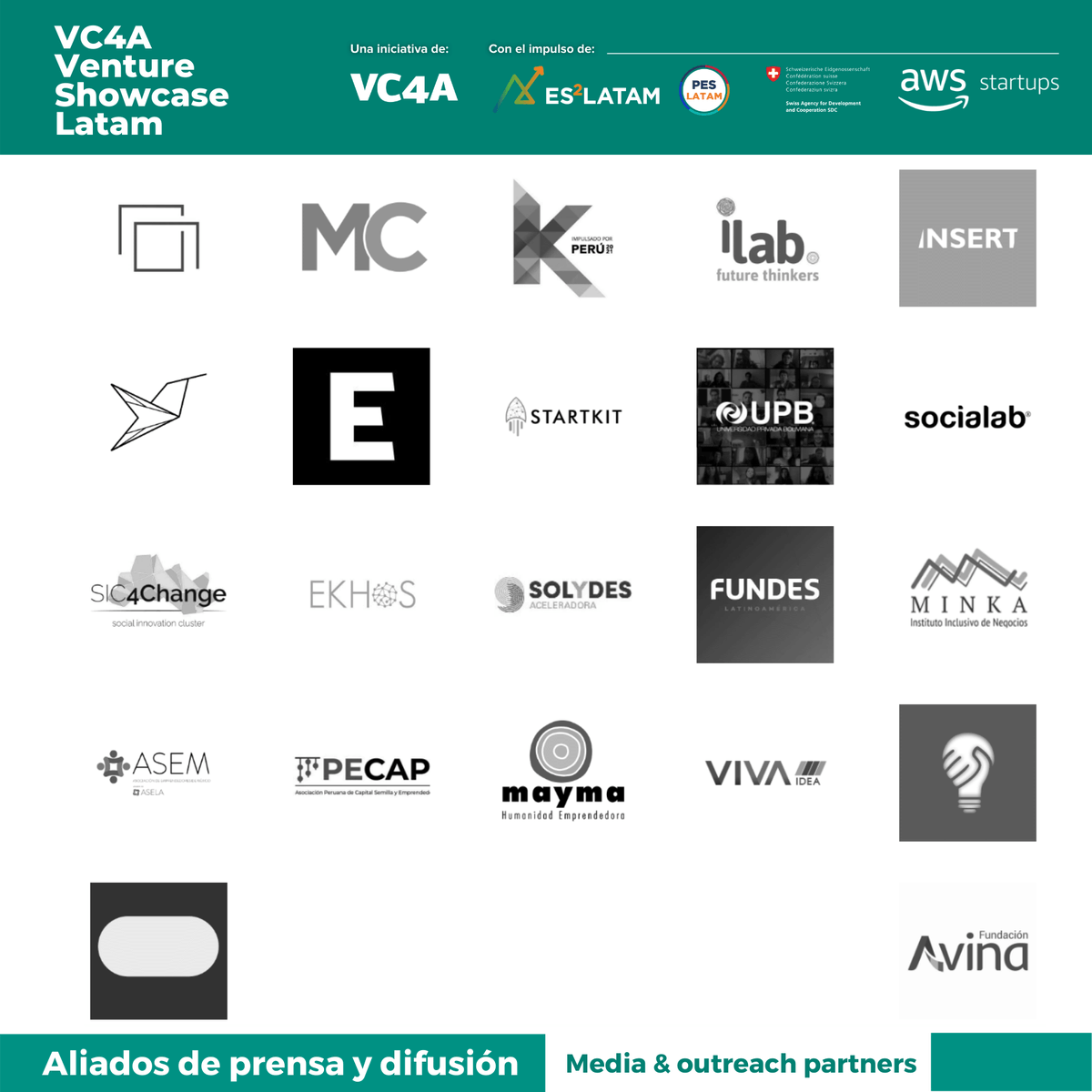VC4A_Latam's tweet photo. #VentureShowcaseLatam Estas organizaciones se suman a este gran esfuerzo de colaboración por buscar los Unicornios de Impacto que América Latina necesita. ¡Súmate a esta ola de inversión! Una iniciativa de @VC4Africa impulsada por #PESLatam @ES2_Latam @awscloud #startup https://t.co/0YDjm2MEma