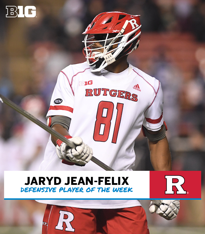 B1GLacrosse's tweet photo. 🚨 Weekly Awards Alert 🚨
@RUmlax's Jaryd Jean-Felix is the Defensive Player of the Week!
🥍Helped hold Michigan, who entered game 8th in nation in scoring offense, 3 goals below their season average
🗞 https://t.co/njVMHcGZEx | #B1GMLAX https://t.co/kAzKCpA6na