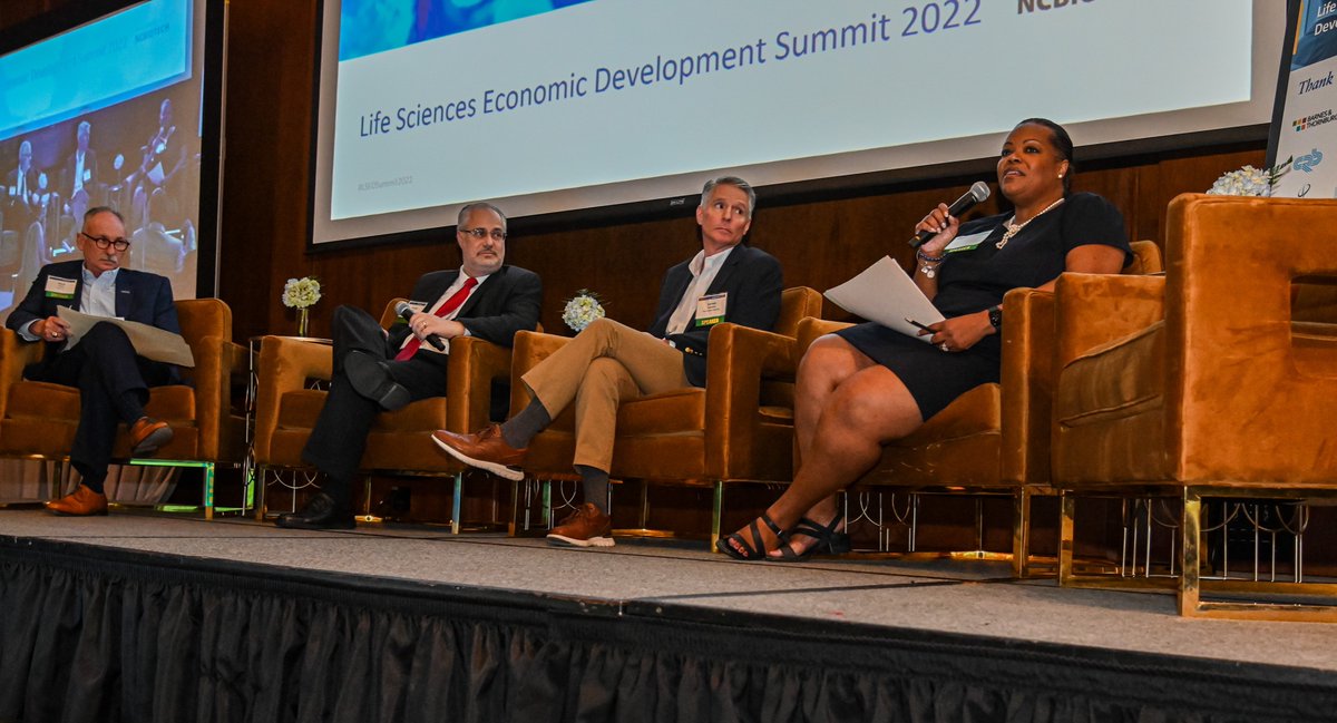 ncbiotech's tweet photo. NCBiotech's Mark Philips and panelists Kara Battle, Ed. D., Yonnie Butler, and Loren Limberis, Ph.D., discuss efforts to expand the capacity of statewide training infrastructure to address the needs of life sciences employers. #LSEDSummit2022 https://t.co/bXjiwRuapn