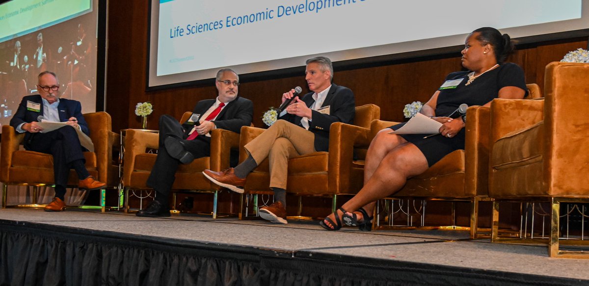 ncbiotech's tweet photo. NCBiotech's Mark Philips and panelists Kara Battle, Ed. D., Yonnie Butler, and Loren Limberis, Ph.D., discuss efforts to expand the capacity of statewide training infrastructure to address the needs of life sciences employers. #LSEDSummit2022 https://t.co/bXjiwRuapn