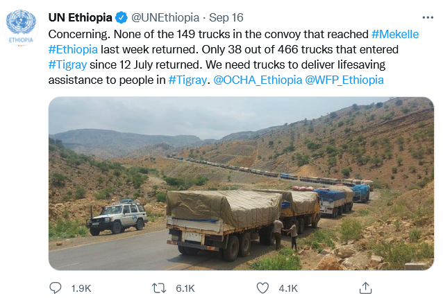 Ras_Mitat's tweet photo. @afitz3105 @althecat @DrTedros @WHO Tigray is the Bermuda Triangle for UN aid trucks. TPLF rebels have hijacked hundreds of aid trucks and @DrTedros continues to champion the rebels he once commandeered. #NoMore https://t.co/dDrOb3YZqi
