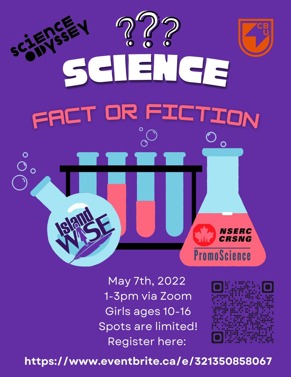 Science: Fact or Fiction for Science Odyssey. The event is open to girls age 10 -16. EXAMINE examples of BAD science from TV, newspapers, movies and magazines with experts from each field! REGISTER EARLY! Spaces are filling up! 
eventbrite.ca/e/321350858067