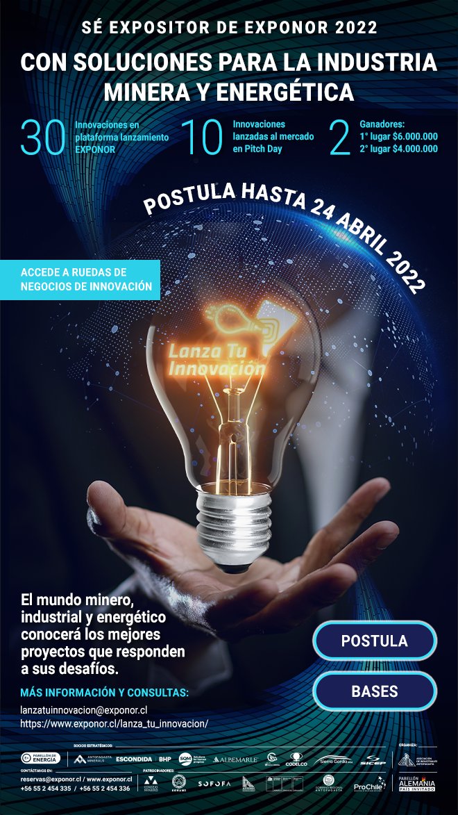 exponorcl's tweet image. 🚨!ÚLTIMA SEMANA!🚨 Atención innovadores #LanzaTuInnovación se realizará nuevamente en EXPONOR 2022 y quienes deseen postular y ser parte de esta increíble oportunidad, podrán inscribirse hasta el 24 de abril. 🤯

Link de inscripción aquí: lnkd.in/dcFTb2tJ 👈🏼🤓