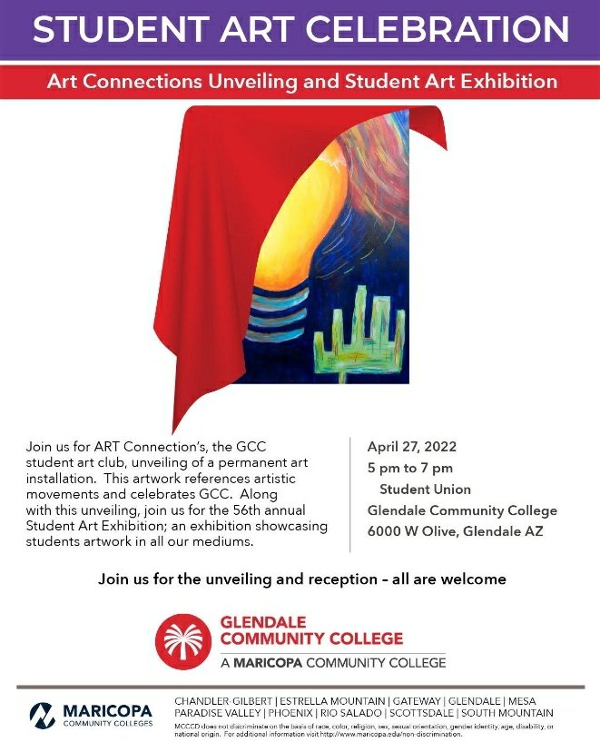TheVoiceGCC's tweet photo. Come join us Apr. 27 from 5 P.M. to 7 P.M. for the Student Art Celebration hosted by ART Connection, GCC's student art club, in the Student Union! All are welcome and sign up is not required! 
#art #artist #artexhibition #studentart #students #gccaz #community #college #artwork https://t.co/xV5JCKCzW0