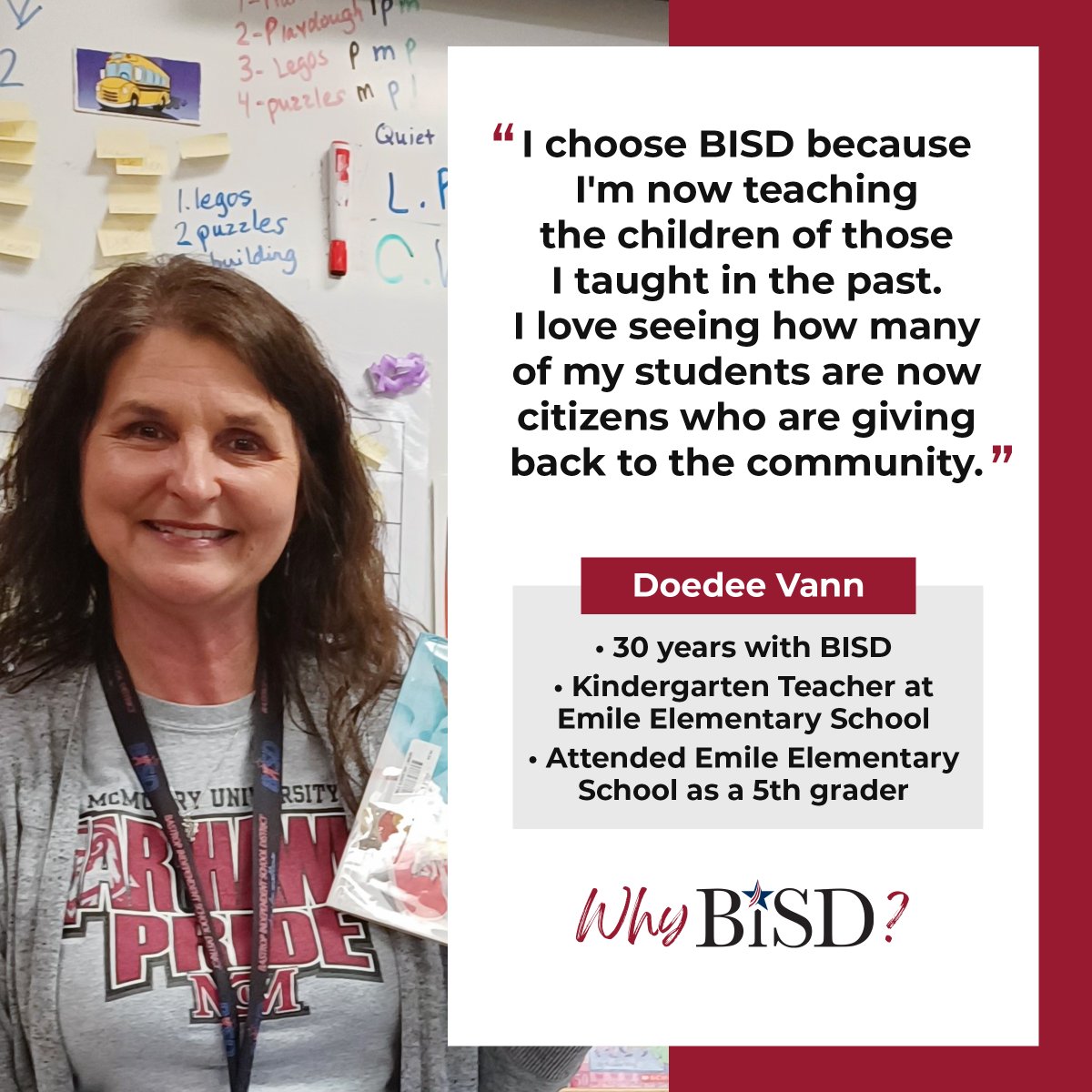 BastropISD's tweet photo. Doedee Vann has been with Bastrop ISD for over 30 years. See why she chooses to teach kindergarten at Emile Elementary. #WhyBISD https://t.co/FP6PjJXyJY