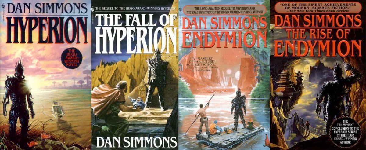 Fantasy4theAges's tweet photo. Today's TBR share is classic sci-fi, the Hyperion Cantos, a 4 book set (& 3 short stories) by Dan Simmons. First book came out in 1989, and the last published was a short story in 1999. This got on the TBR due to one of our Twitter polls. Have you read it? #scifi #HyperionCantos https://t.co/RgDa4cc73c