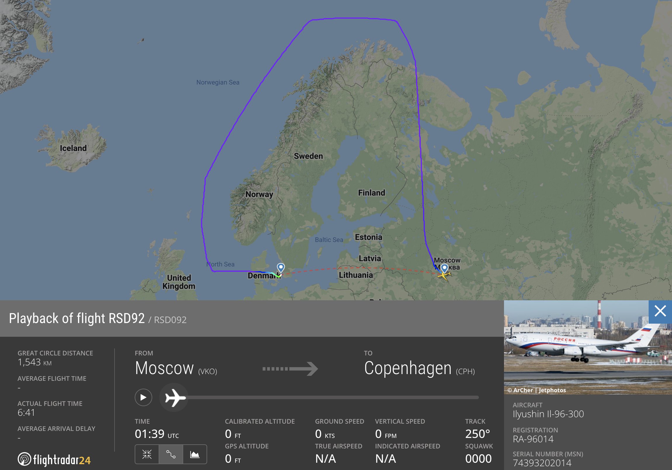 Flightradar24 on Twitter: "The red dashed line is 1,543 km. Actual flight path from Moscow to Copenhagen to collect expelled diplomats: 5,057 km. See some the other exceedingly long flight paths