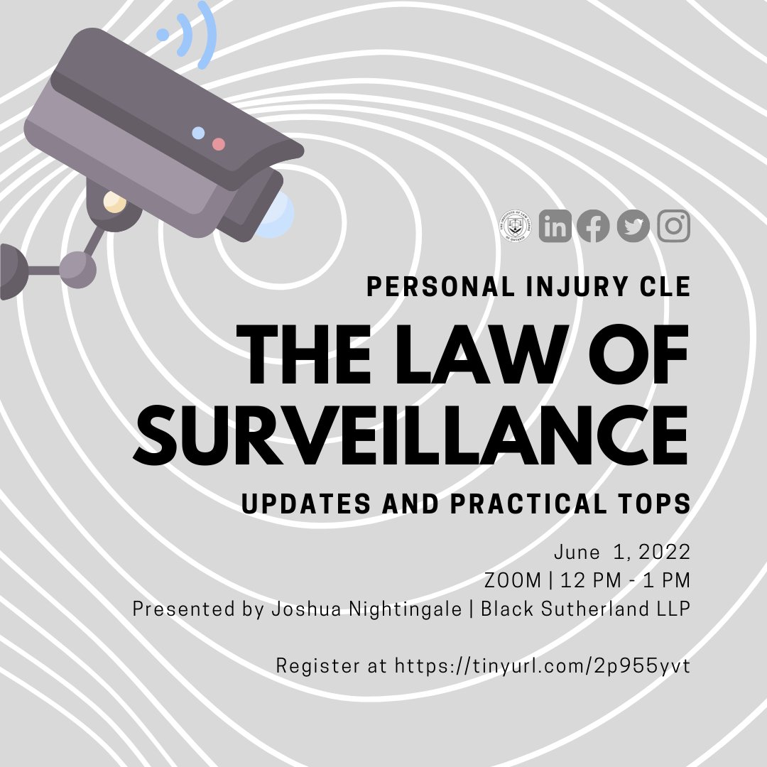 InstituteLCO's tweet photo. Personal Injury CLE - The Law of Surveillance: Updates and Practical Tips - June 1, 2022

Presented by: Joshua Nightingale | Black Sutherland LLP

Register at: https://t.co/zqKYOeLoR1

#ILCO #lawclerk #law #legal #surveillance #ontario #zoom #education https://t.co/62y9F0hnFy