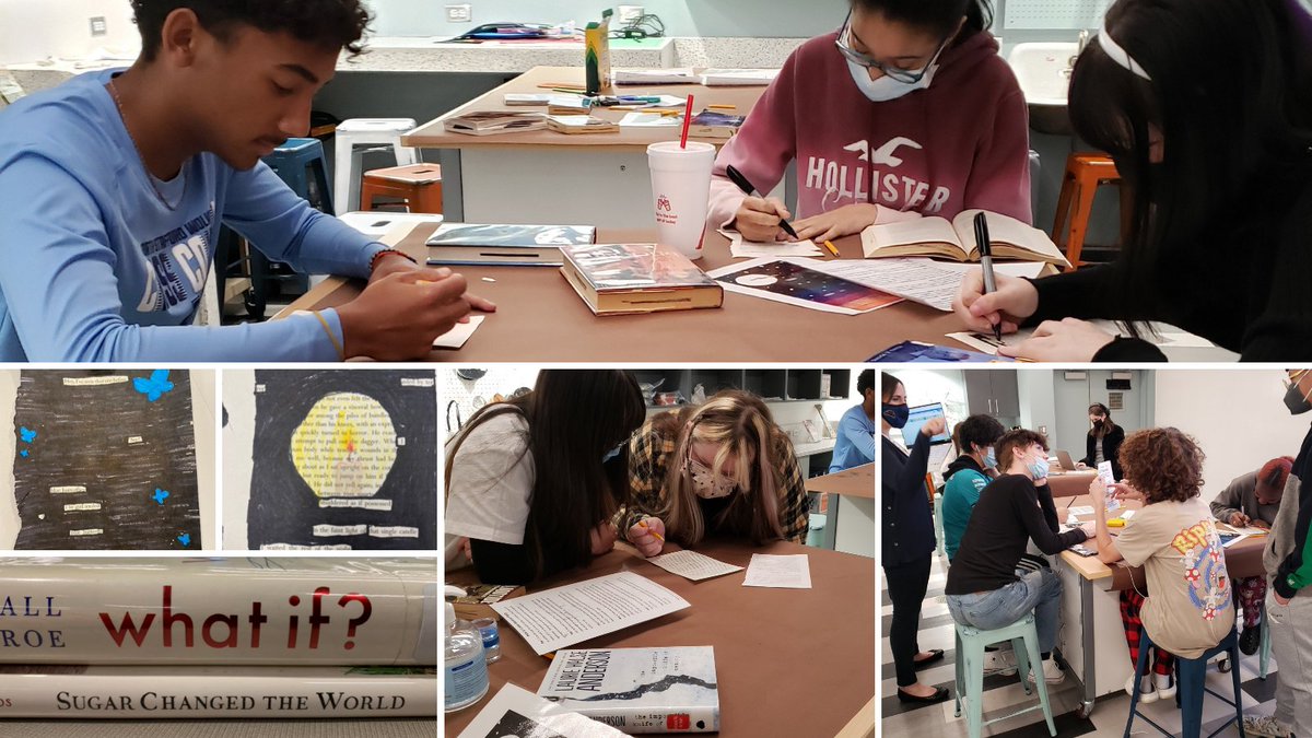 SCPSchools's tweet photo. NSHS's (@NSHSNorthNation) English Classes are celebrating National Poetry Month in a special way. Students are visiting the library and creating either blackout poetry or book spine poetry. Check out this great student work! #NorthNation #SCPSReads #NationalPoetryMonth https://t.co/TUTTLZbzHb