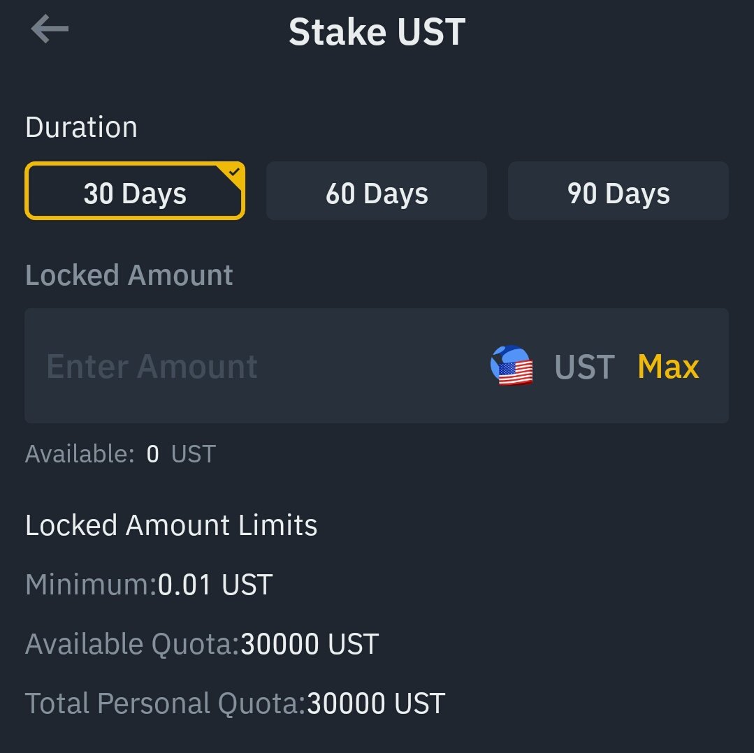 KriptoFati's tweet photo. Aman aman #Binance staking modülüne %21 APY ile $UST gelmiş limit de 30K var mıdır kullanan? https://t.co/fDV3rHNqWY