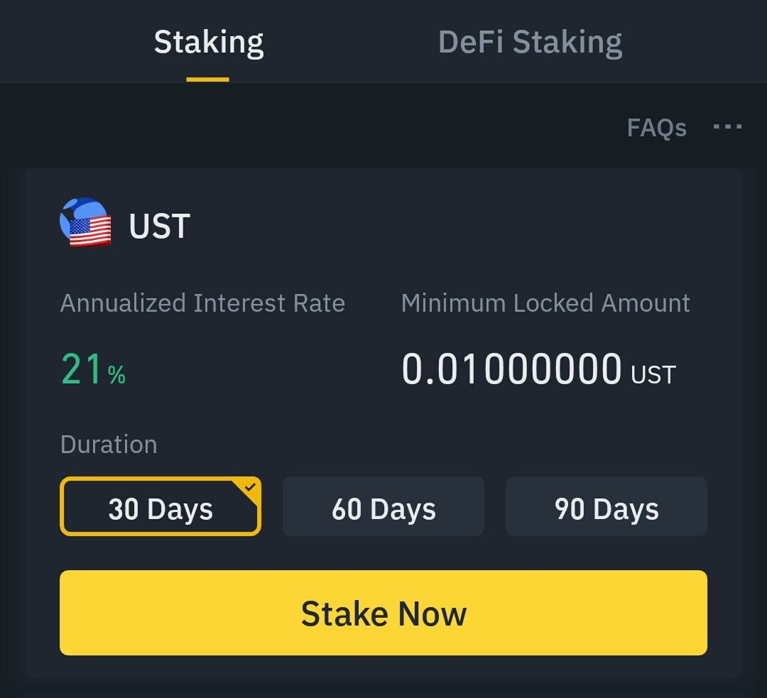 KriptoFati's tweet photo. Aman aman #Binance staking modülüne %21 APY ile $UST gelmiş limit de 30K var mıdır kullanan? https://t.co/fDV3rHNqWY