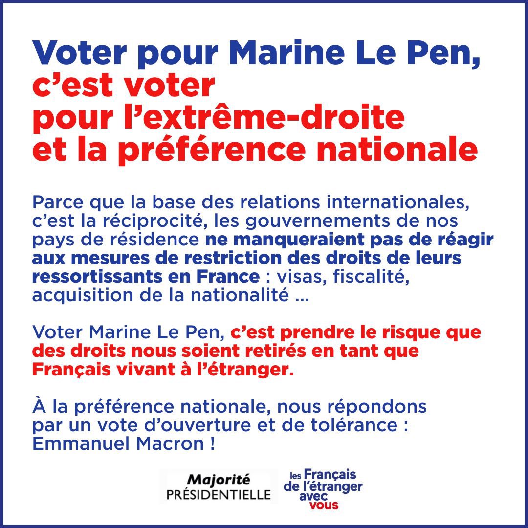 A tous les #francaisdeletranger ! Pas une voix pour l’héritière de Montretout !!! #avecvous2022 #nonaugrandrabougrissement #Macron2022