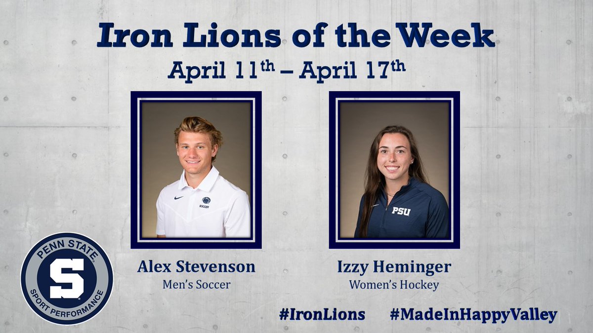 PSUPerformance's tweet photo. Congratulations to our #IronLions of the Week!! Alex Stevenson from @PennStateMSOC and Izzy Heminger from @PennStateWHKY Great Work and keep CRUSHING your off-season training! #MadeInHappyValley https://t.co/FIqm71sBaQ