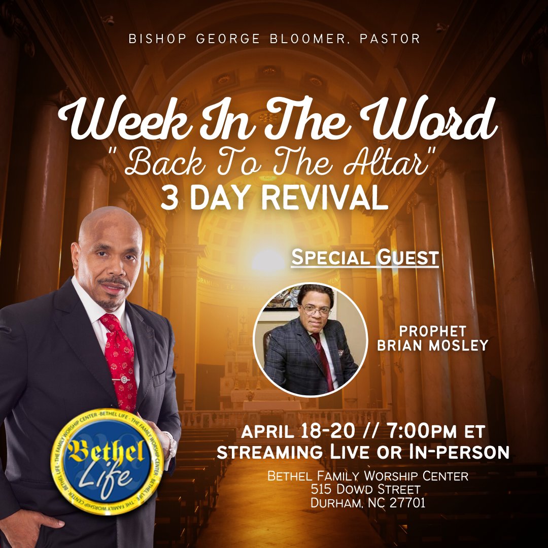 BishopGBloomer's tweet photo. It's DAY 2 of our Week In The Word Conference! Our guests today are Prophet Brian Mosley and Pastor Natashia Lewis. Meet us there!!!
#bishopgbloomer #WeekInTheWord https://t.co/vs5mAHVZJI