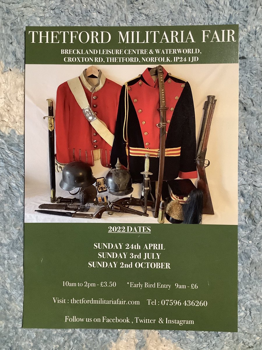Thetford Militaria fair THIS SUN APRIL 24th #militaria #ww1 #ww2 
<a href="/allaboutsuffolk/">All About Suffolk #WearAMask 😷</a> <a href="/NorfolkRT/">#NorfolkRT</a> <a href="/VPMagazine/">Village People Magazines Norfolk Suffolk</a> <a href="/WhatsOnNor/">What's On Norwich</a> <a href="/WhatsOnWhereUK/">What's On Where UK - undergoing a revamp, brb</a> <a href="/leapinghareorg/">Leaping Hare</a> <a href="/coolnorfolk/">cool norfolk</a> 
Pls rt thank you