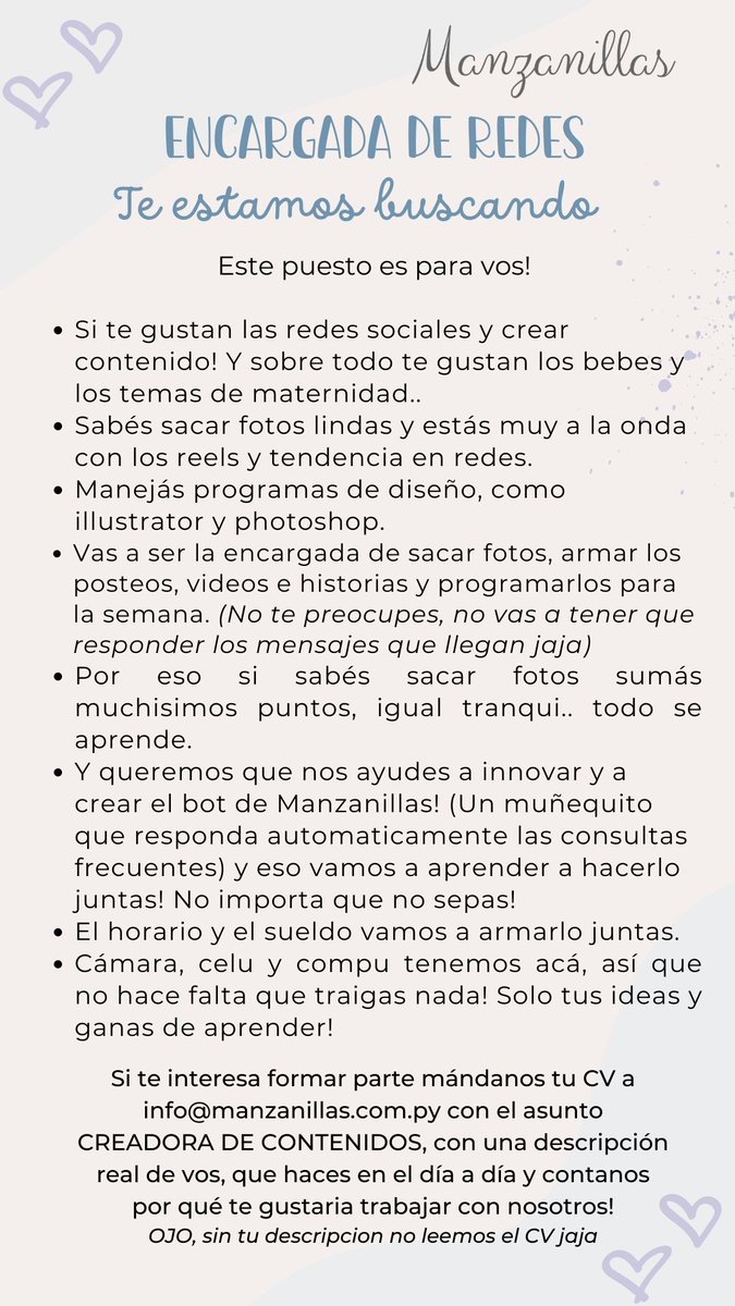 #TrabajosPy Manzanillas selecciona:

• Vendedora refuerzo.
• Encargada de redes.