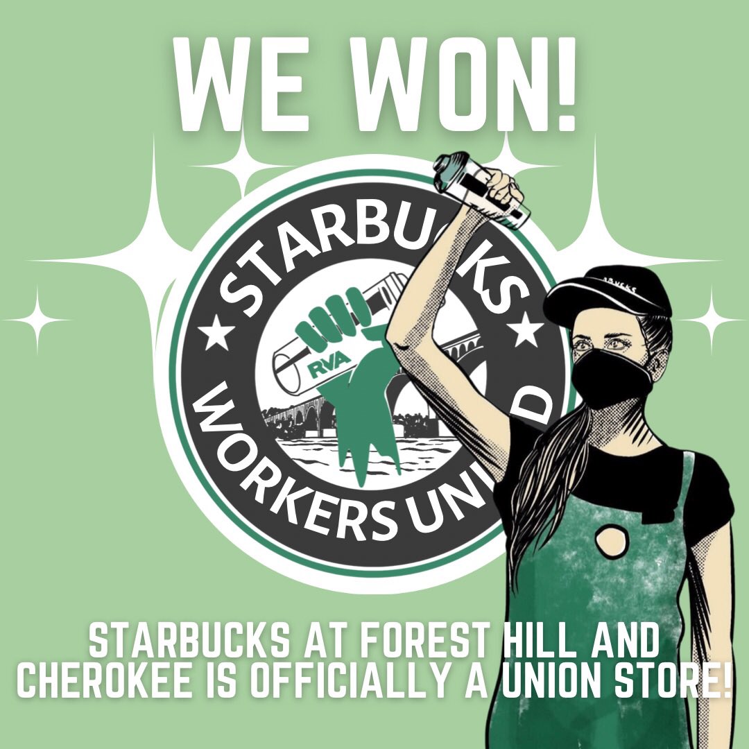 Forest Hill and Cherokee in RVA is officially a Union store!! <a href="/SBWorkersUnited/">Starbucks Workers United</a>