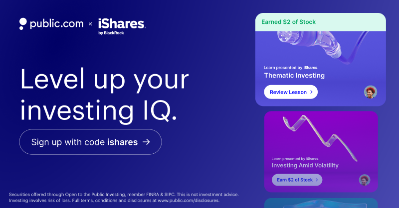 iShares's tweet photo. Level up your investing skills. Earn stocks and ETFs from Public. Sign up with code: iShares.