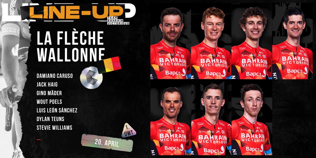 Meet our team for @flechewallonne 🇮🇹 @CarusoDamiano 🇦🇺 @jackhaig93 🇨🇭 @maedergino 🇳🇱 @WoutPoels 🇪🇸 @LLEONSANCHEZ 🇧🇪 @dylan_teuns 🇬🇧 @stevierhys_96 #RideAsOne #FlecheWallonne 🔗 bit.ly/3uWwtx2