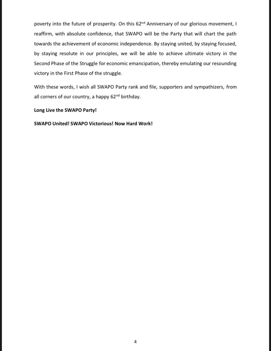 SWAPONamibia's tweet photo. MESSAGE BY HIS EXCELLENCY Dr. @hagegeingob , PRESIDENT OF THE REPUBLIC OF NAMIBIA AND PRESIDENT OF THE SWAPO PARTY ON THE OCCASION OF THE 62ND ANNIVERSARY OF THE SWAPO PARTY
#OnlySWAPO #SWAPO #SWAPO62 https://t.co/Fya6pTfhcb