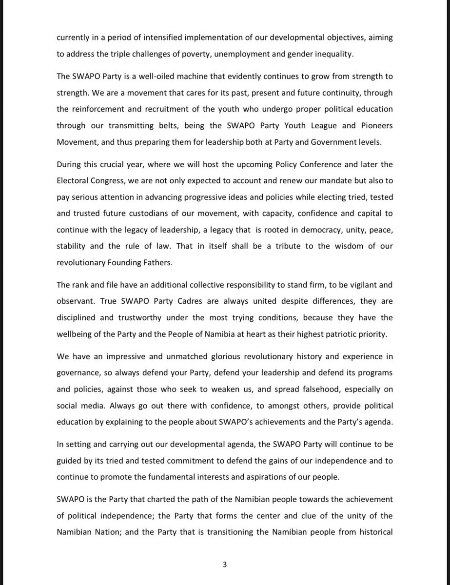 SWAPONamibia's tweet photo. MESSAGE BY HIS EXCELLENCY Dr. @hagegeingob , PRESIDENT OF THE REPUBLIC OF NAMIBIA AND PRESIDENT OF THE SWAPO PARTY ON THE OCCASION OF THE 62ND ANNIVERSARY OF THE SWAPO PARTY
#OnlySWAPO #SWAPO #SWAPO62 https://t.co/Fya6pTfhcb
