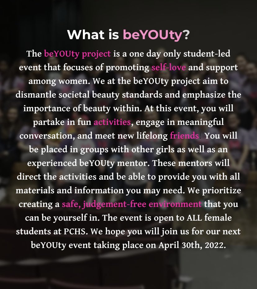 wildcats_care's tweet photo. BEYOUTY PROJECT IS HAPPENING APRIL 30TH 2022, AND WE NEED YOU TO JOIN!!!!!registration is being taken up until the day of the event!!!
it is such a positive, encouraging environment full of topics such as self love, female empowerment, and much more!!!!!!!💖🪩🌷💕🌸🫀🌺💐🫶 https://t.co/UoE712n4QX