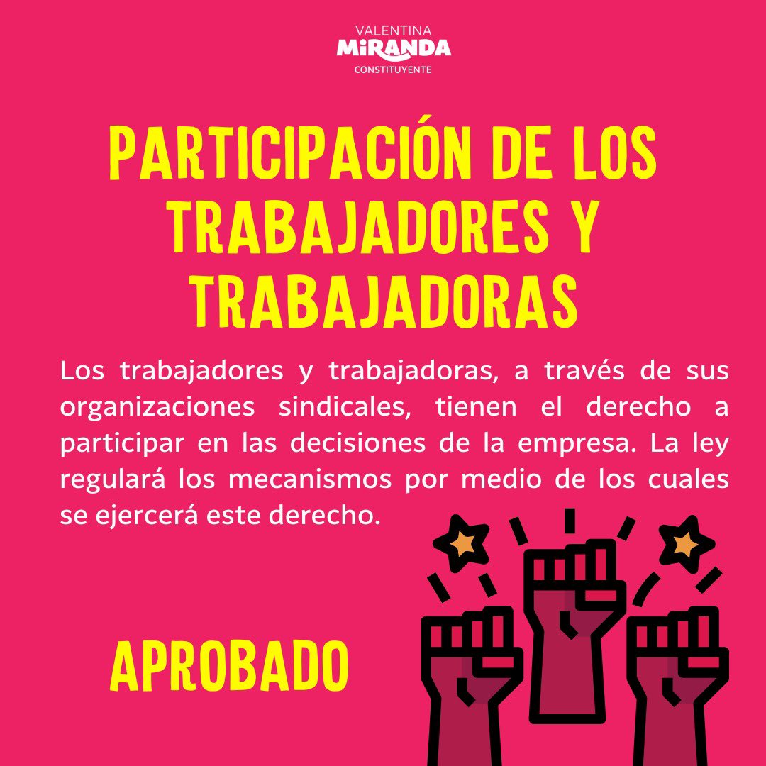 Los Derechos sindicales a la Nueva Constitución ✊🏿

Las trabajadoras y trabajadores, a través de sus organizaciones sindicales, tienen el derecho a participar en las decisiones de la empresa.

#SeguimosAprobando