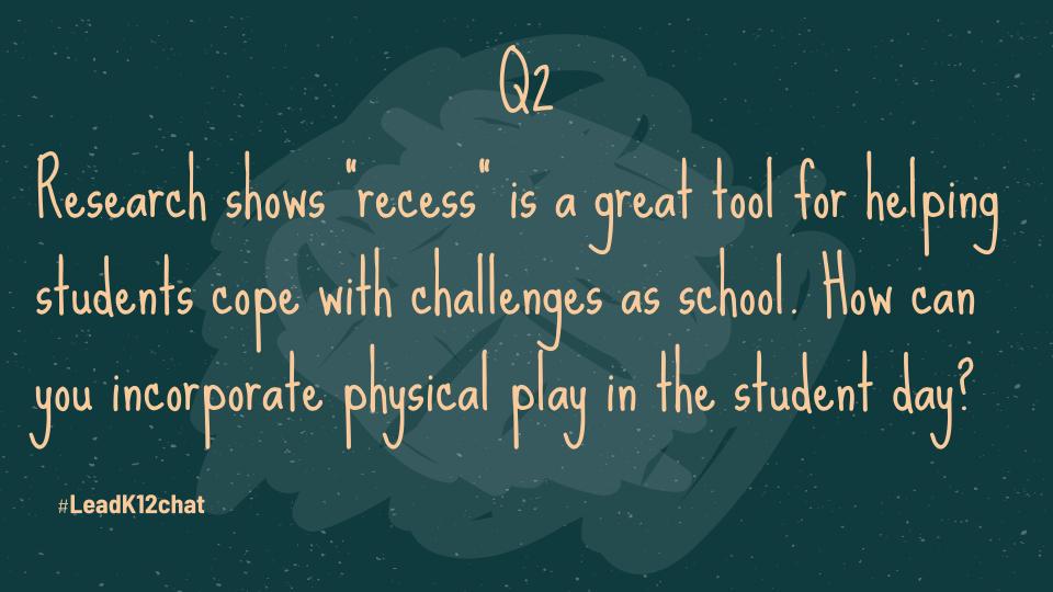 derwood73's tweet photo. Q2) Research shows recess is a great tool for helping students cope with challenges at school. How can you incorporate physical play in the student day?
#LeadK12chat https://t.co/qLJ02Qw0uF