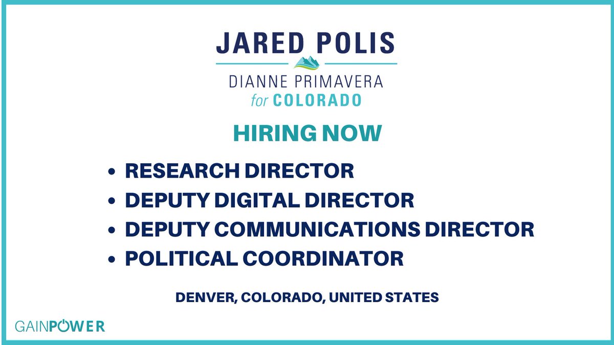 GAINPOWERORG's tweet photo. Join the team to re-elect @JaredPolis @GovofCo Positions include:
Research Director
Deputy Digital Director
Deputy Communications Director
Political coordinator
Job descriptions at: https://t.co/NWtU0RFe0t
#CampaignJobs #COPoli #COpolitics #Coloradoplitics #2022elections https://t.co/A1XskaP5OD