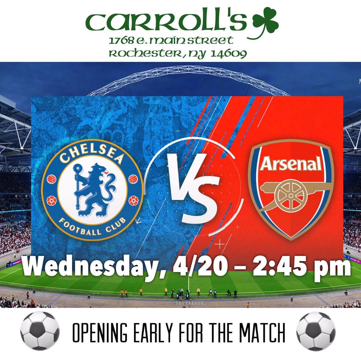 jocarrollsbar's tweet photo. Opening early Wednesday for the Chelsea Arsenal match. Doors open at 2:45!
See you then - Sláinte!🏟
#meetmeatcarrolls☘️ #localROCS #northwintonvillage #shallwepaddy #guinnesstime #jameson #tullamoreDEW #irishpub #premierleague https://t.co/e1L8nbZ0tM