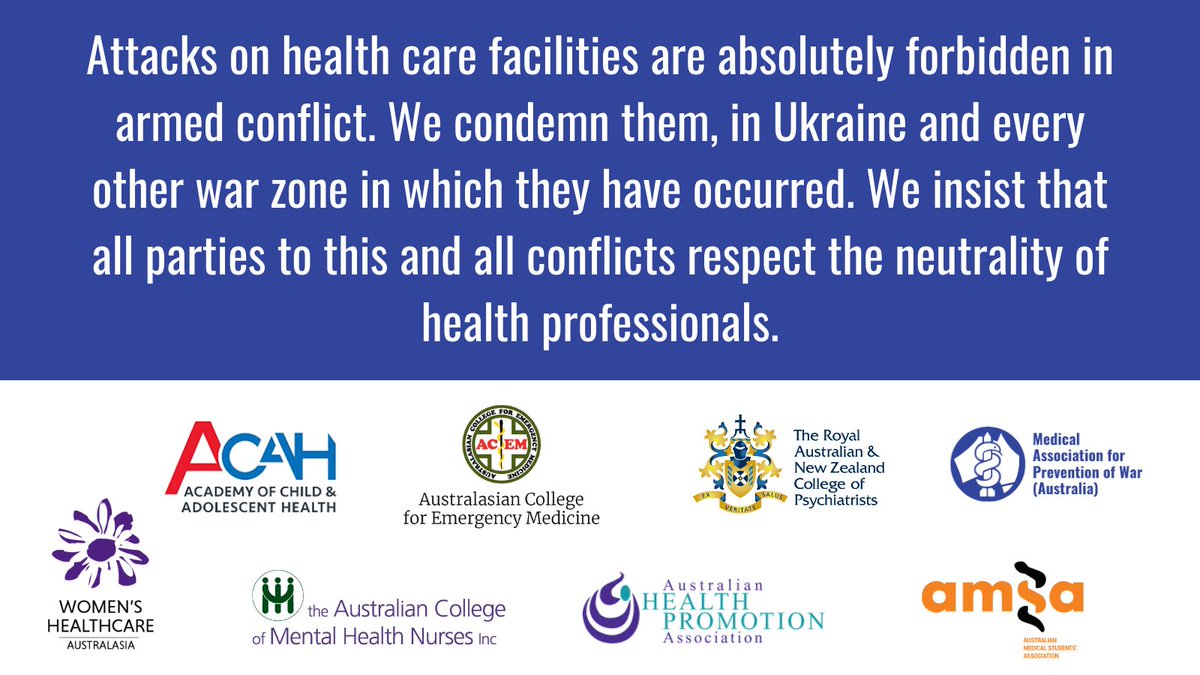 This week @WHO reported 136 attacks on healthcare in #Ukraine. Together with @ACMHN @RANZCP @acemonline @AcademyCAH @AHPA_AU @yourAMSA we condemn attacks on health workers and facilities in Ukraine - and wherever they occur. Full statement bit.ly/381dNmw #NotATarget